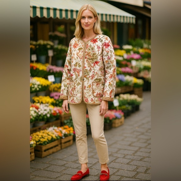 Vintage Quilted Alfred Dunner Floral Button Front Jacket W/Pockets